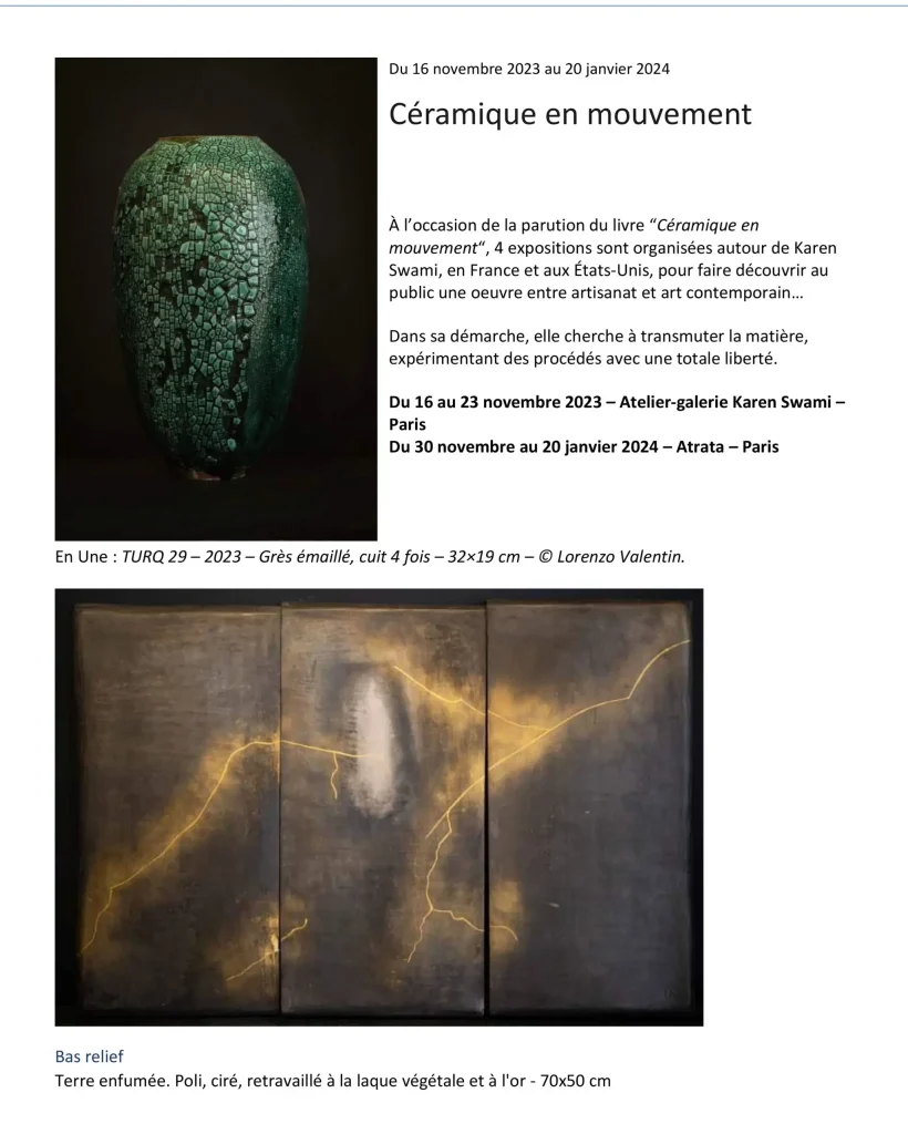 presse exposition ceramique paris, présentation de l’exposition "Céramique en mouvement", autour de Karen Swami, à Paris, en parallèle à la sortie de son livre, une célébration de la liberté technique, de l’expression entre art et artisanat