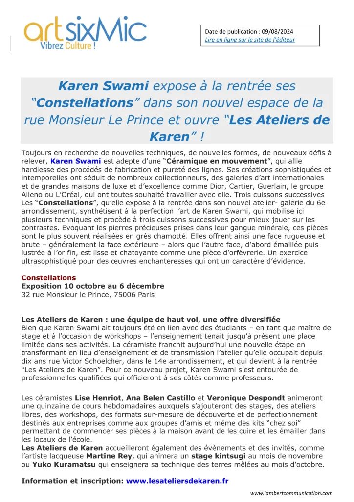 presse ceramique paris, annonce de l’exposition “Constellations”, de l’ouverture des Ateliers de Karen, dédiée à la transmission, la création céramique