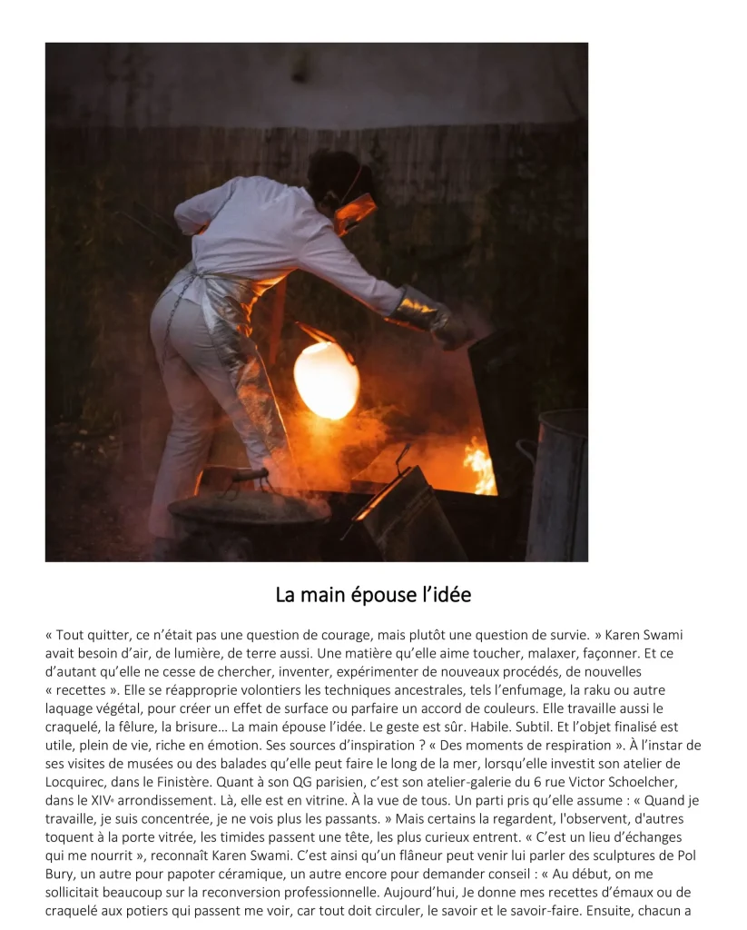 presse ceramique contemporaine 2023, exploration sensible du geste et de la matière, Karen Swami évoque l’enfumage, le raku et la craquelure comme langages, entre techniques ancestrales et expression intime, dans son atelier