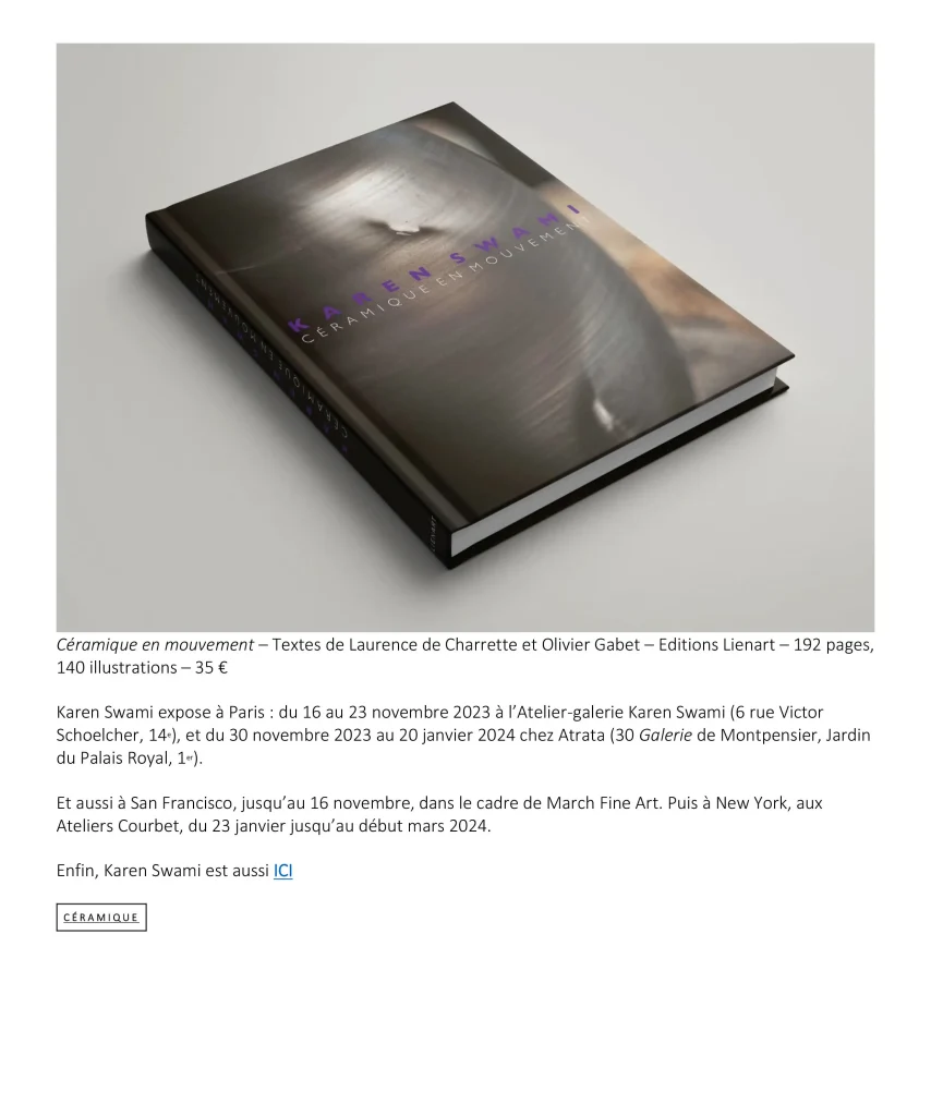presse livre paris, couverture du livre "Céramique en mouvement", photographie en gros plan d'une céramique aux reflets métalliques, typographie violette minimaliste, ouvrage publié aux éditions Lienart, textes de Laurence de Charrette et Olivier Gabet, 192 pages, 140 illustrations, exploration du travail de Karen Swami