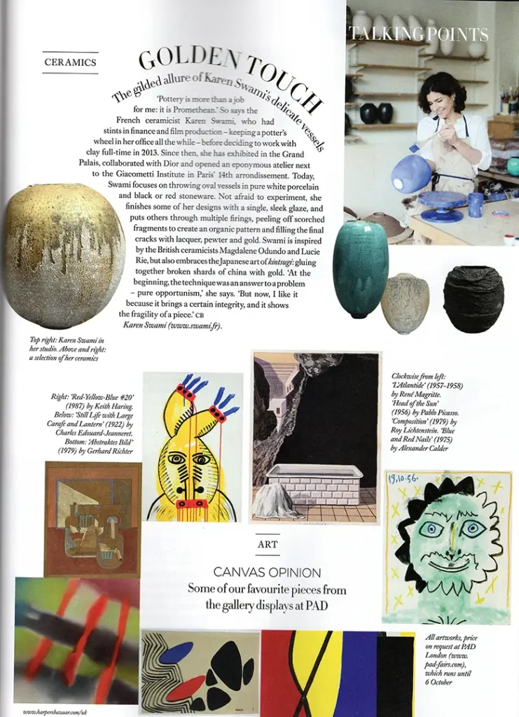 presse ceramique contemporaine, karen swami présente ses créations en grès noir et porcelaine, alliant techniques japonaises de kintsugi, finitions laquées ou dorées, dans une exposition inspirée au cœur de paris