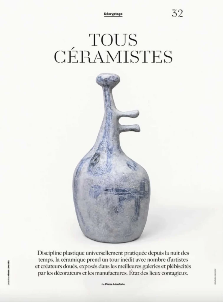 presse céramique contemporaine, création parisienne d’une pièce unique, en grès émaillé par la céramiste karen swami, exposée lors du salon pad london 2019, exemple de poterie d’art inspirée du kintsugi, faite main à paris