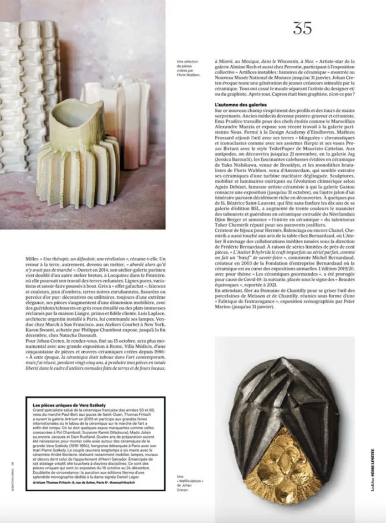 presse céramique contemporaine, création parisienne d’une pièce unique, en grès émaillé par la céramiste karen swami, exposée lors du salon pad london 2019, exemple de poterie d’art inspirée du kintsugi, faite main à paris