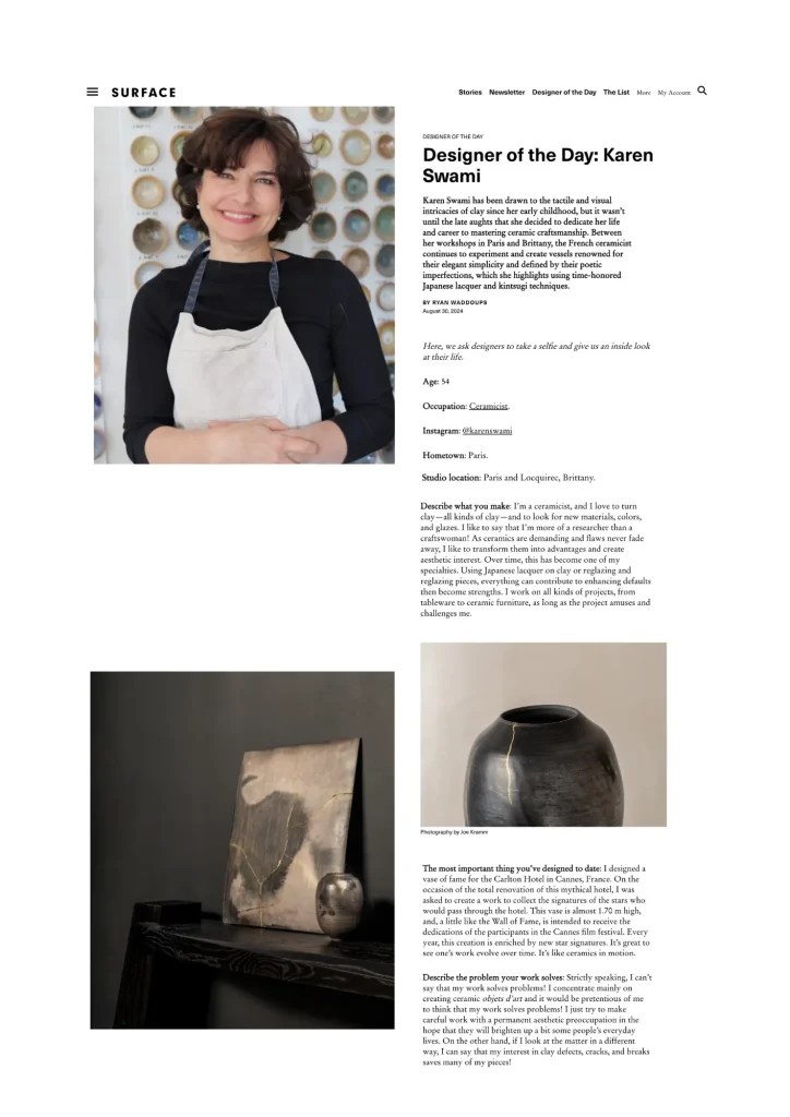 presse ceramique dart 2024, entretien avec Karen Swami, publié par Surface Magazine, mettant en lumière son parcours, ses techniques, kintsugi, laque japonaise, projets à Paris et en Bretagne, ainsi que sa création emblématique pour le Carlton de Cannes