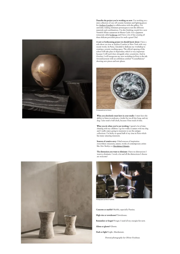presse ceramique contemporaine, présentation d’une interview en anglais mentionnant l’atelier-école, l’exposition "Constellations" à Paris, et les projets internationaux en céramique contemporaine.