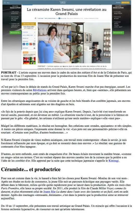 Presse céramique contemporaine à Paris, la ceramist Karen Swami, expose ses créations, faites main au Grand Palais, une révélation 2015 en poterie d’art et création parisienne