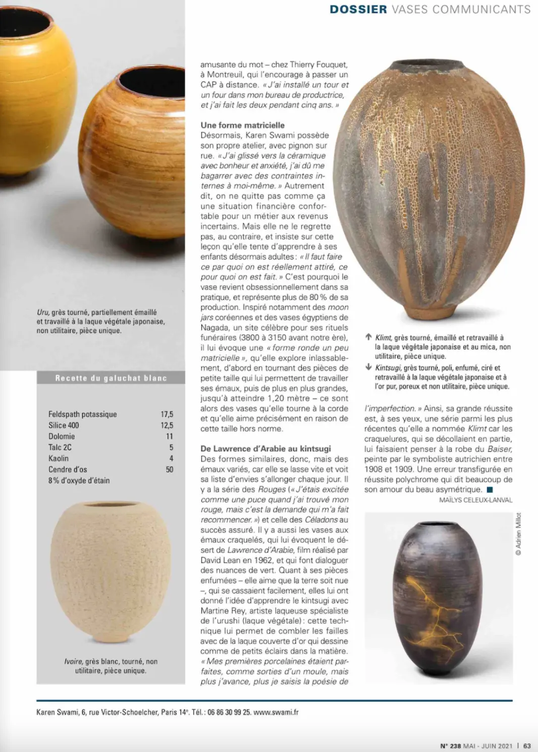 presse ceramique paris 2021, vase fait main, en grès tourné et émaillé, par la céramiste karen swami, pièce unique, exposée dans un article sur la poterie contemporaine et le kintsugi, dans la presse céramique d’art