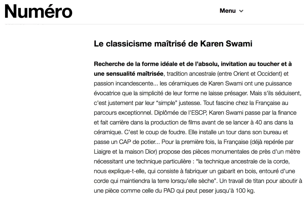 presse exposition céramique, création parisienne de la céramiste karen swami, pièce sahara en grès chamotté présentée au pad paris 2018, mettant en valeur l’art, fait main, l’esthétique minérale contemporaine