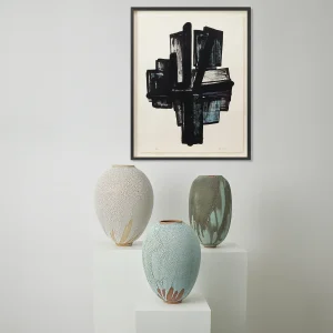 2024 Contemporary pottery exhibition, Paris, Collector Square, The confrontation of Soulages' asphalted acrylics with Swami’s cracked enamels