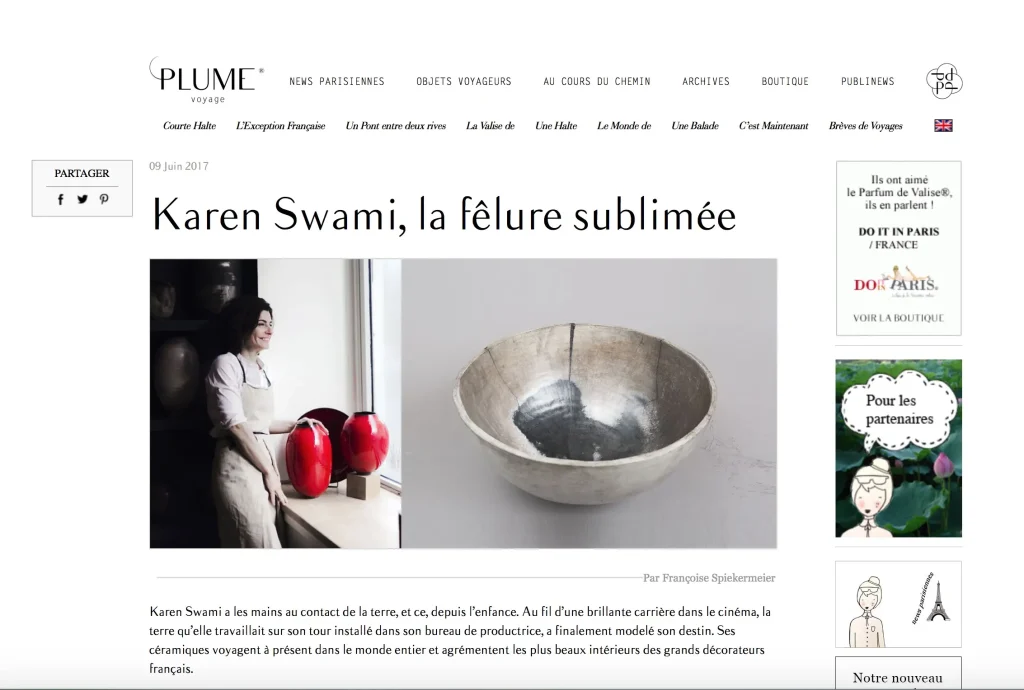 presse céramique d'art, karen swami dans son atelier parisien, avec des créations en grès émaillé faites main, mettant en valeur la beauté de la fêlure, la tradition du kintsugi