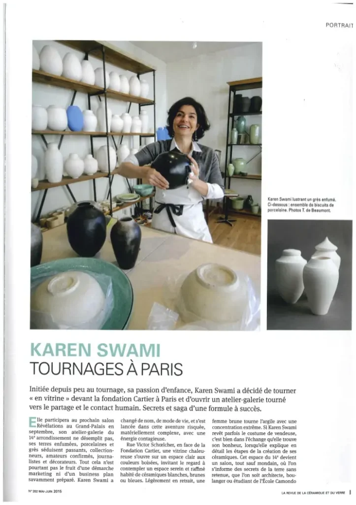 article céramique d’art, portrait de karen swami, grès chamotté et raku enfumé, biscuit de porcelaine, création parisienne, fait main, revue de la céramique et du verre, poterie contemporaine 2015