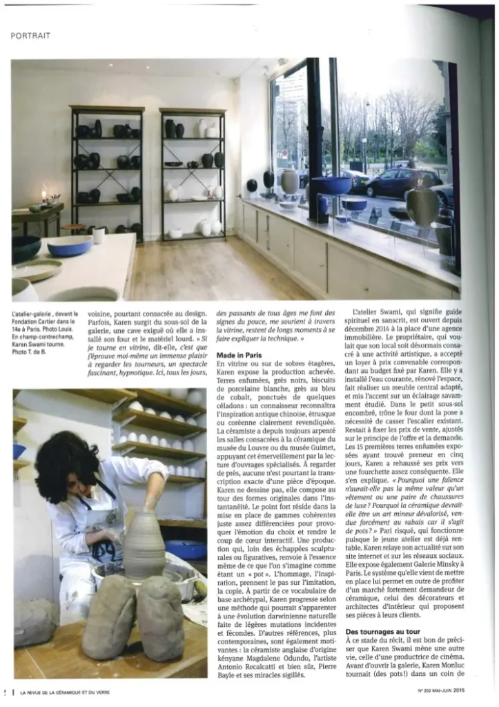 revue – presse – poterie, atelier karen swami à paris, céramiques en grès noir et céladon, porcelaine blanche, fait main, création parisienne, tournage sur grès, exposition vitrine, revue de la céramique et du verre 2015