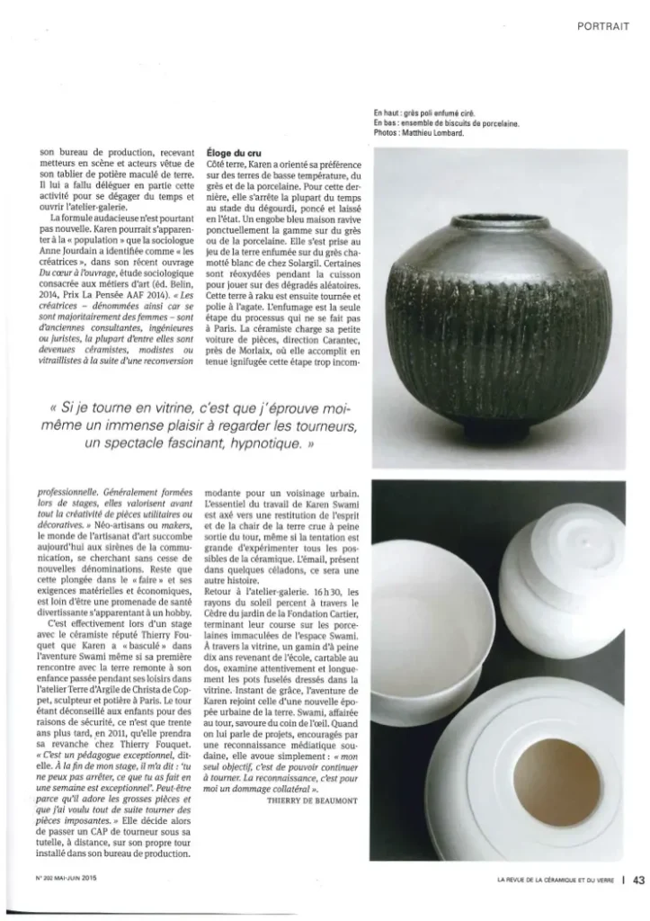 article céramique d’art, portrait de karen swami, grès chamotté et raku enfumé, biscuit de porcelaine, création parisienne, fait main, revue de la céramique et du verre, poterie contemporaine 2015