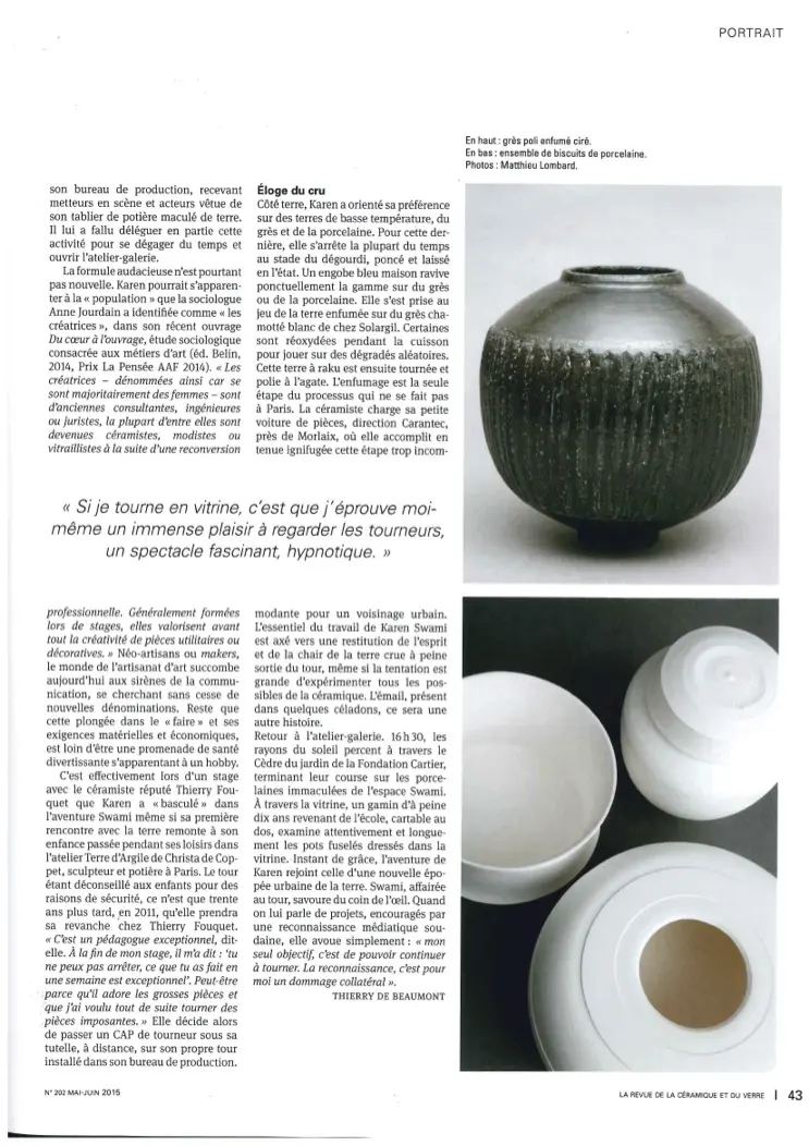 article céramique d’art, portrait de karen swami, grès chamotté et raku enfumé, biscuit de porcelaine, création parisienne, fait main, revue de la céramique et du verre, poterie contemporaine 2015