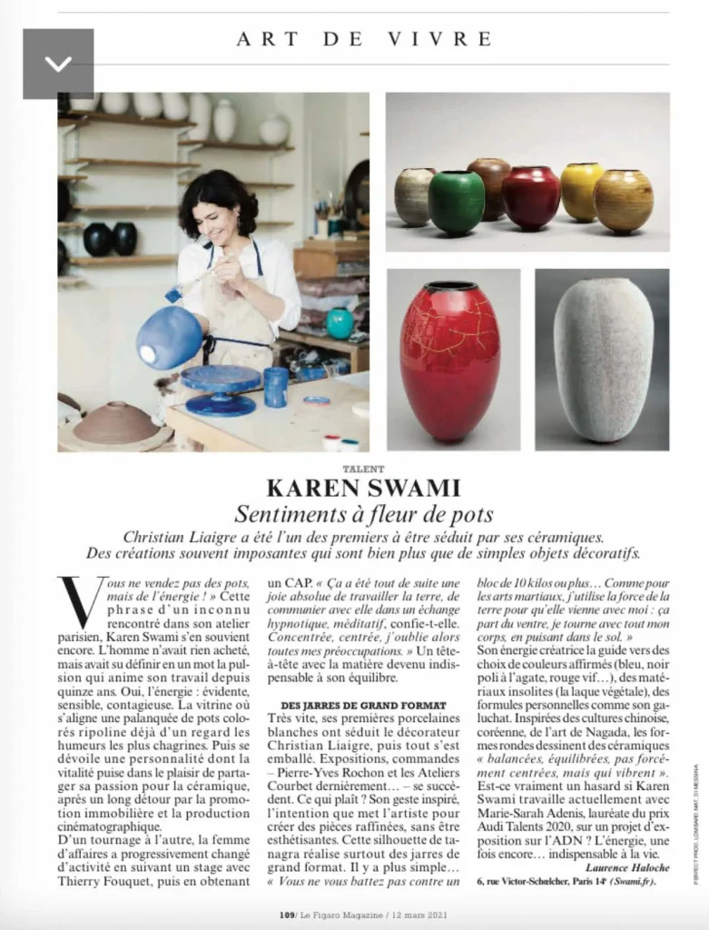 press contemporary ceramics, presentation of handmade creations by ceramist karen swami in her paris studio, art pottery, in glazed stoneware, porcelain inspired by kintsugi, featured in the paris press today