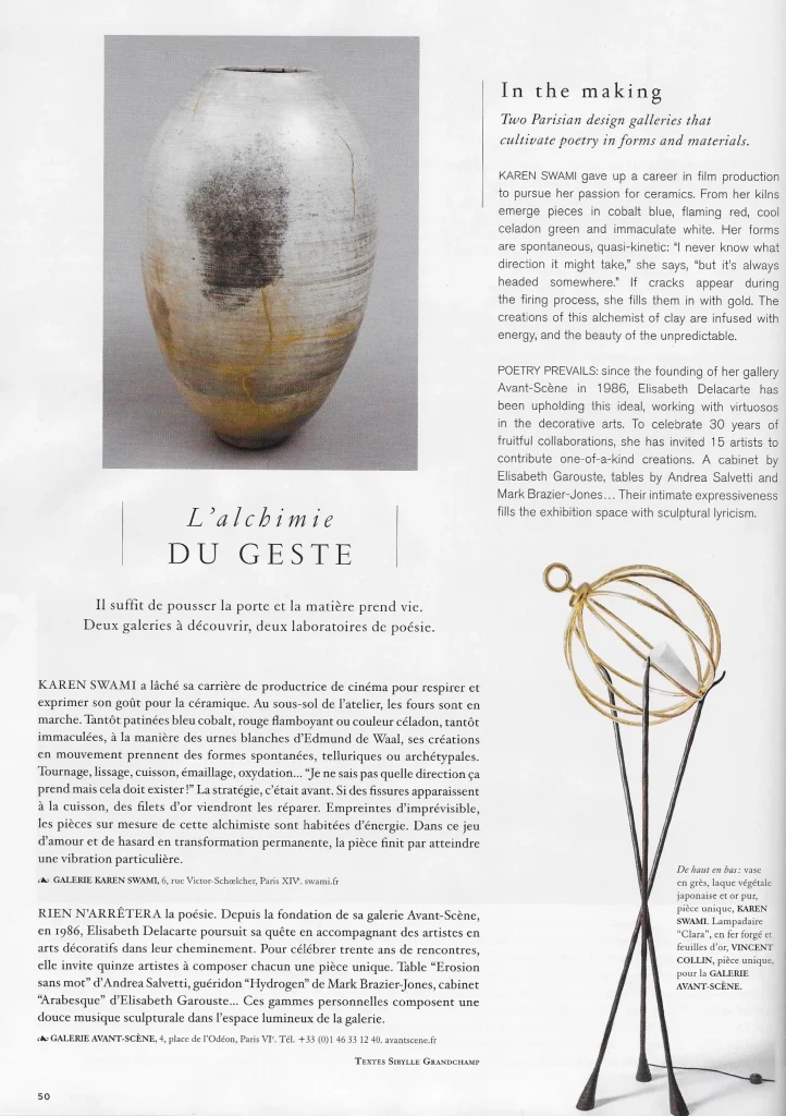 press contemporary ceramics, stoneware vase by design karen swami, white and smoky glazing, spontaneous ovoid shape, gold kintsugi repair, poetic parisian art, madame air france magazine february 2017