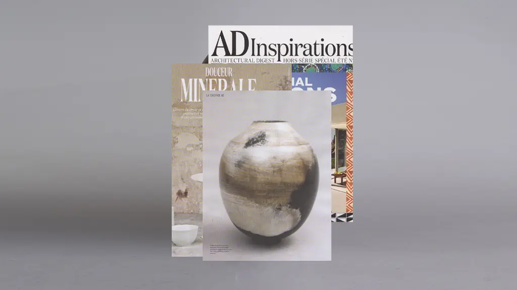 press paris today, ad inspirations special edition 2017 cover, smoky stoneware vase by karen swami, mineral softness, parisian creation, handmade, contemporary pottery