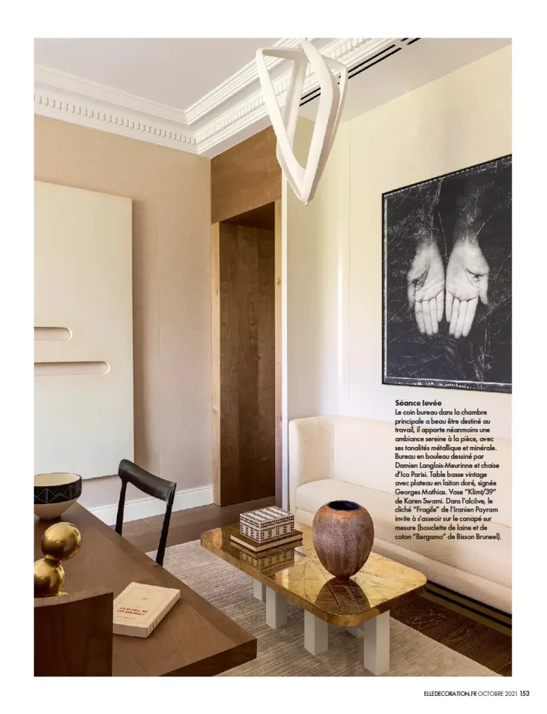press contemporary ceramics, vase signed by karen swami in a bright parisian living room, handmade creation in glazed stoneware with natural tones, contemporary art ceramics article
