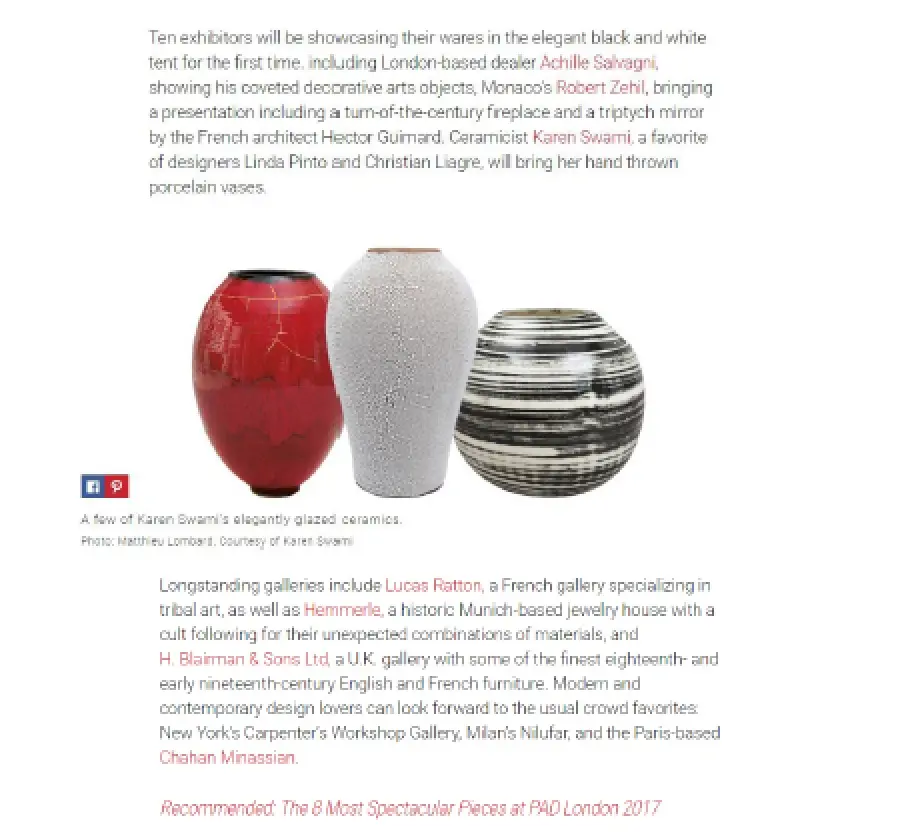 press exhibition, design presentation at pad london 2018, art ceramics, contemporary furniture and unique creations in a curated space, highlighting the craftsmanship of international artists and galleries