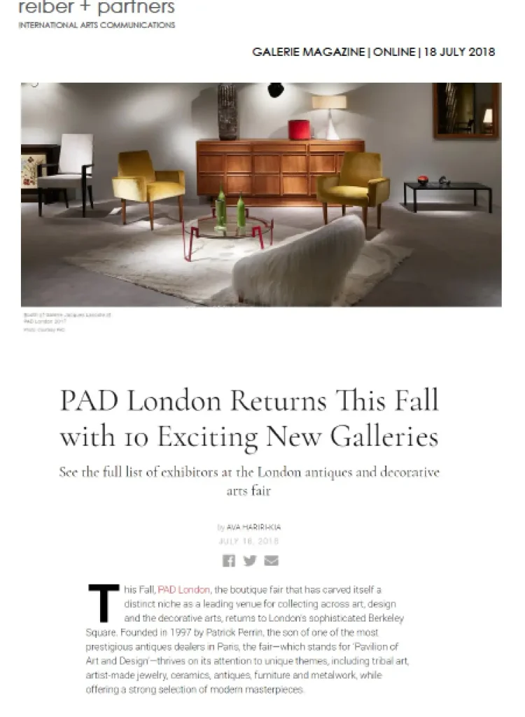 press exhibition, design presentation at pad london 2018, art ceramics, contemporary furniture and unique creations in a curated space, highlighting the craftsmanship of international artists and galleries