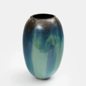 Contemporary ceramic vase in handcrafted stoneware, blue and green gradients inspired by the sea, luxury design piece
